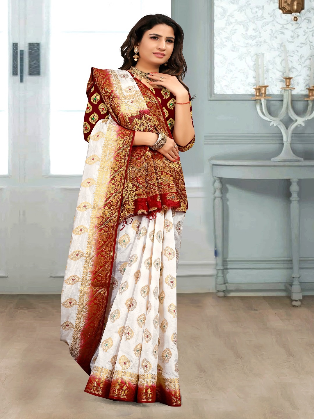 

faxofab Ethnic Motifs Woven Design Zari Banarasi Saree, White