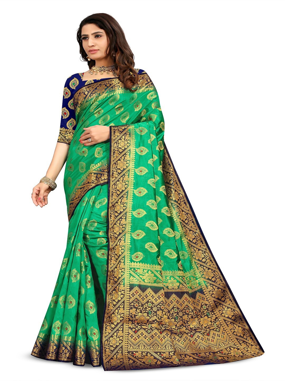 

faxofab Ethnic Motifs Woven Design Zari Banarasi Saree, Green