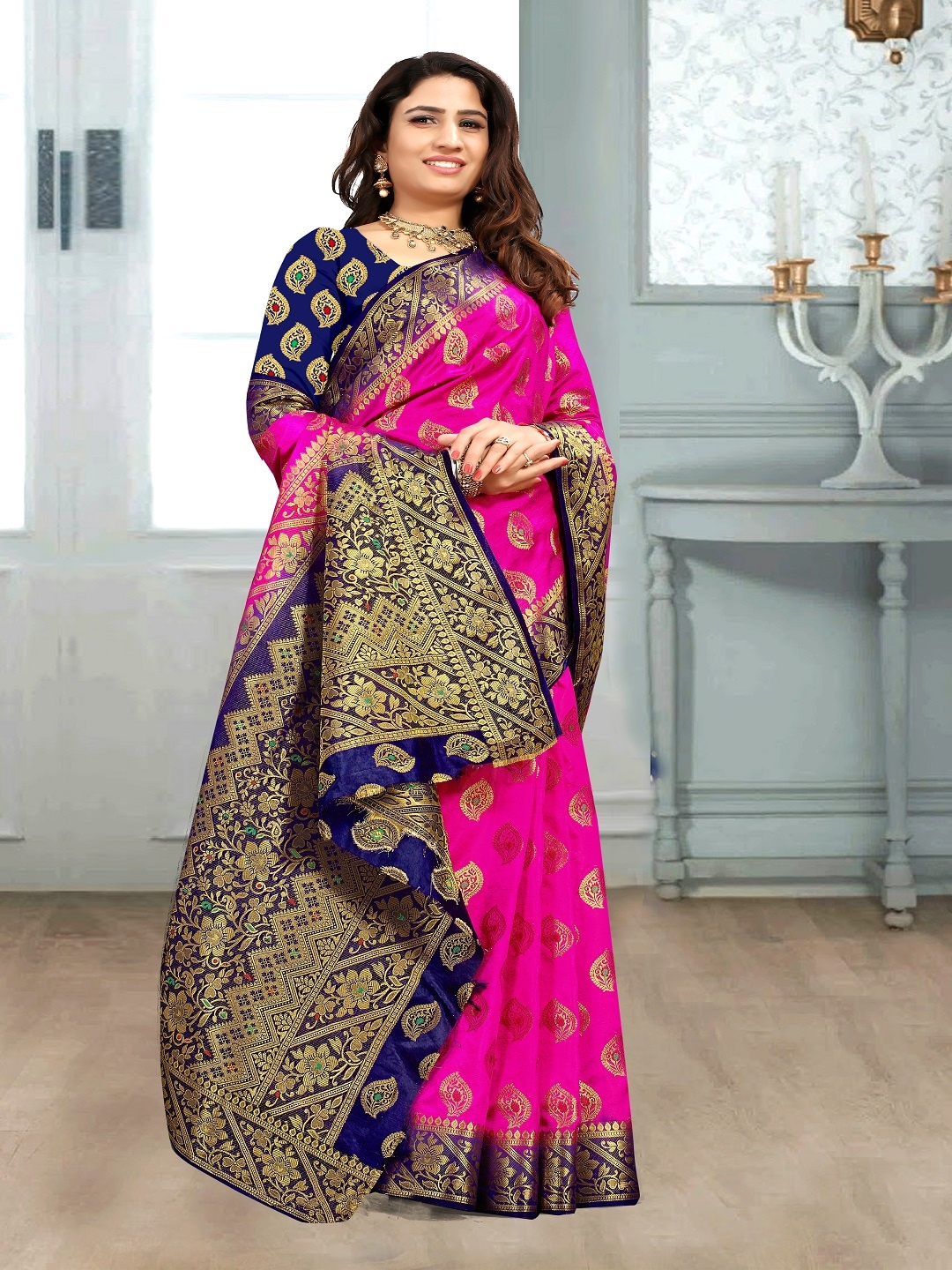 

faxofab Ethnic Motifs Woven Design Zari Banarasi Saree, Pink