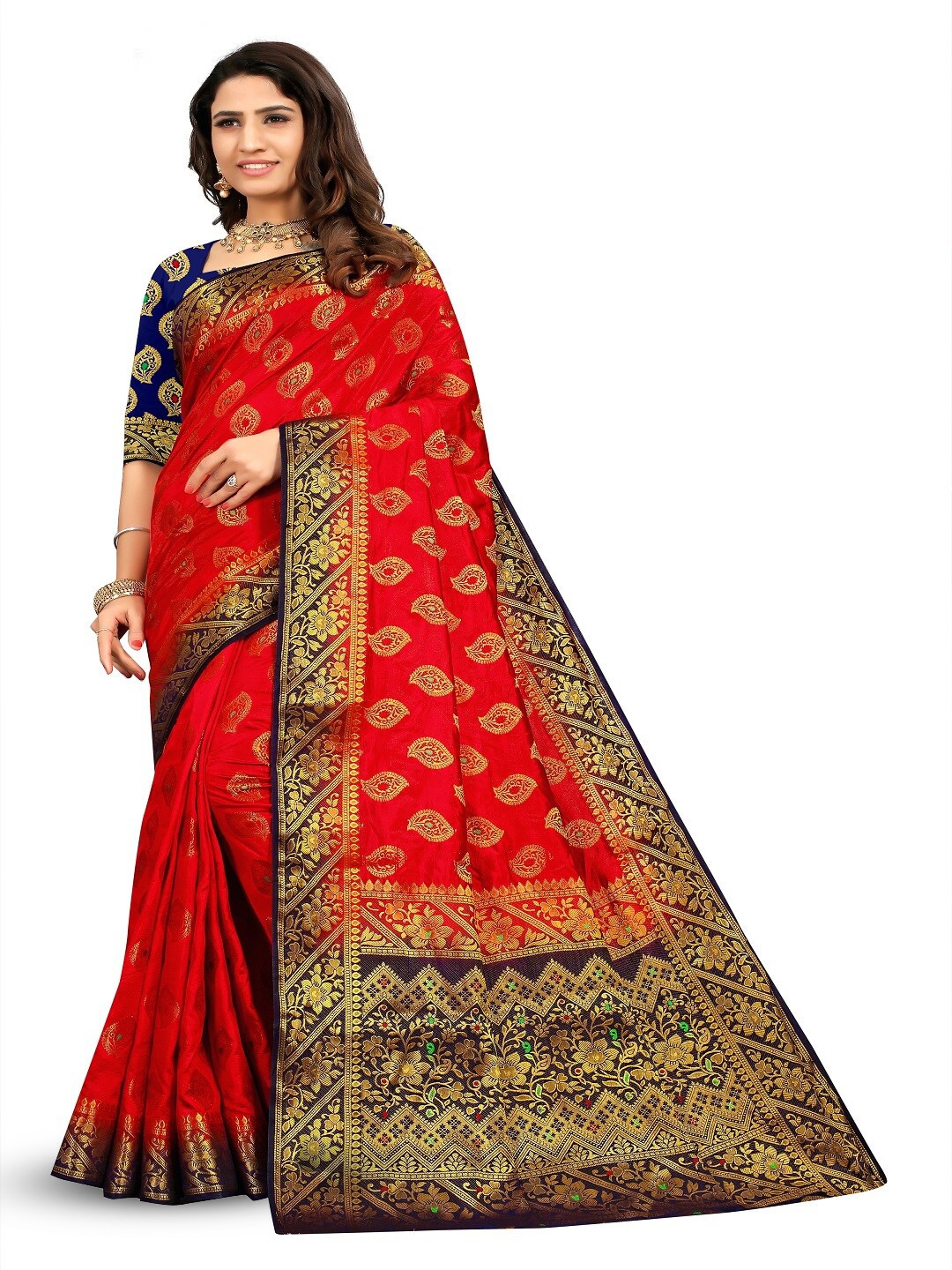 

faxofab Ethnic Motifs Woven Design Zari Banarasi Saree, Red