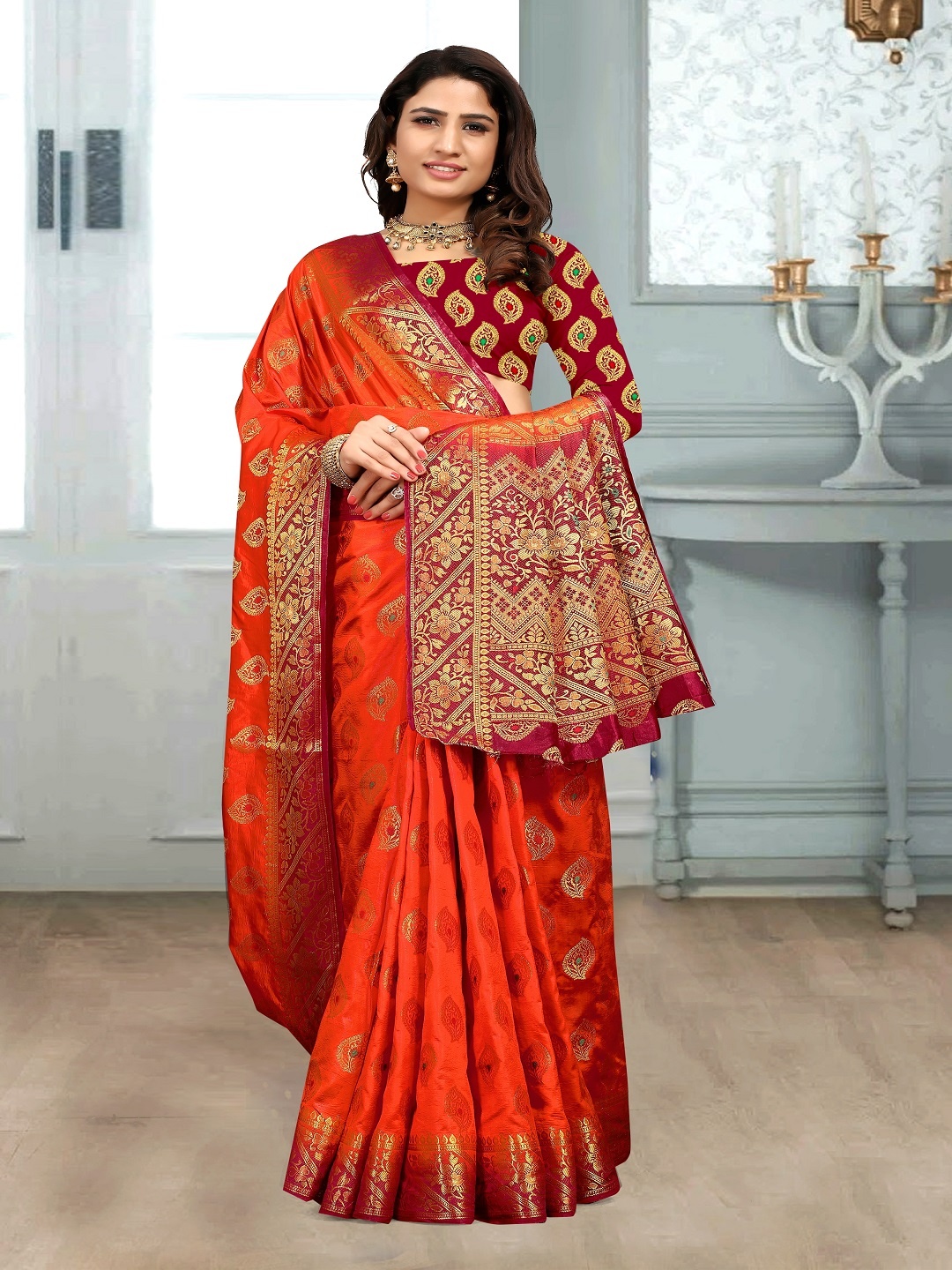 

faxofab Ethnic Motifs Woven Design Zari Banarasi Saree, Orange