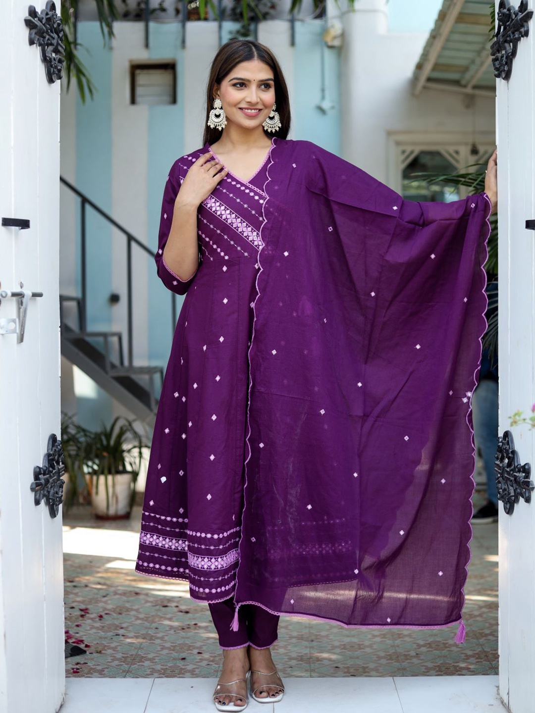 

Chandbaali Embroidered Mirror Work Pure Cotton Kurta with Trousers & Dupatta, Purple