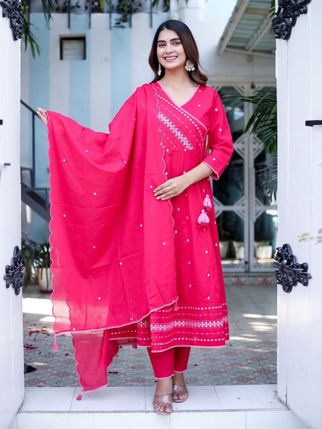 

Chandbaali Embroidered Angrakha Pure Cotton Kurta with Trousers & Dupatta, Pink