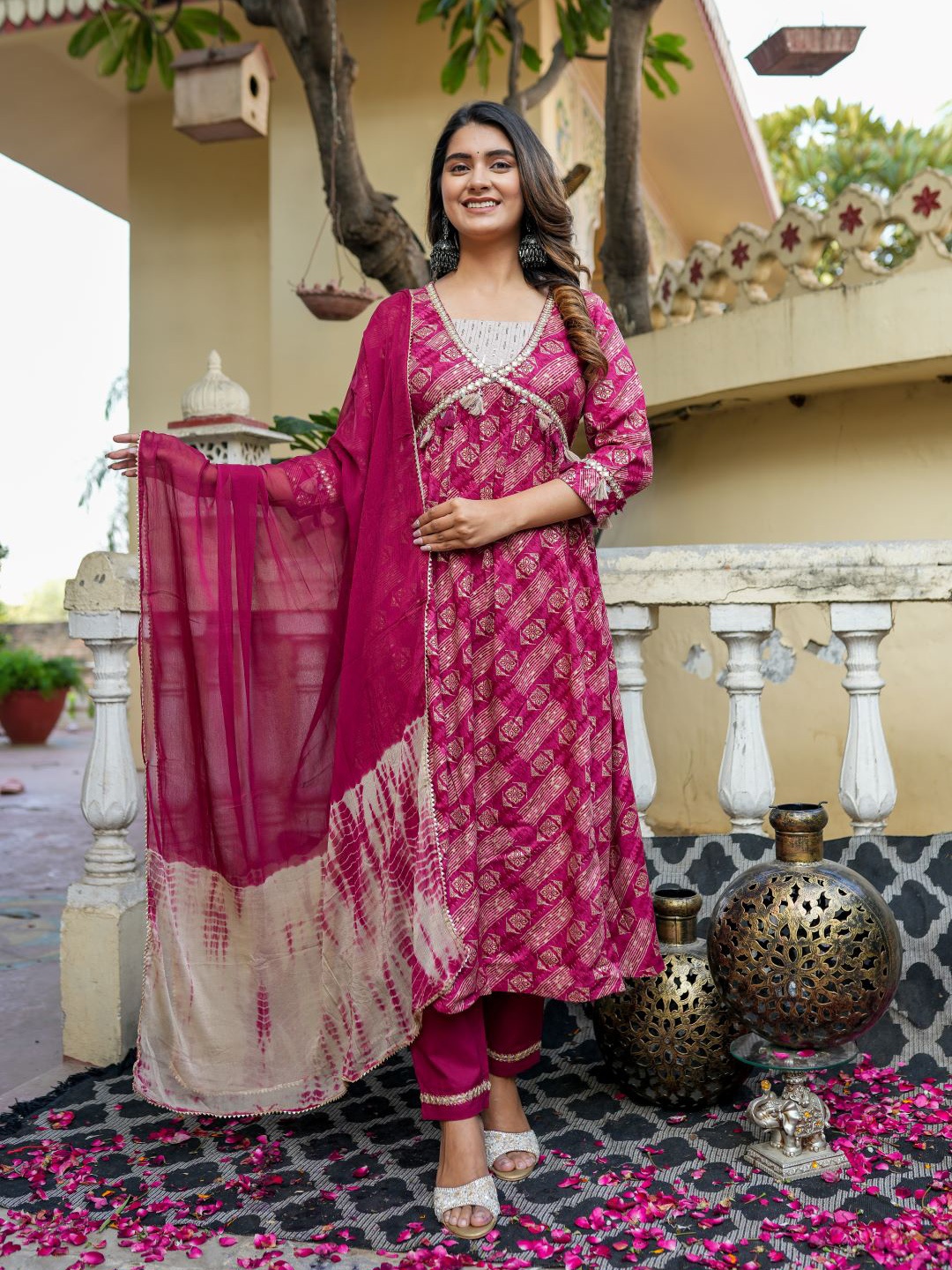 

Chandbaali Square Neck Calf Length Floral Printed Empire Kurta with Trousers & Dupatta, Pink