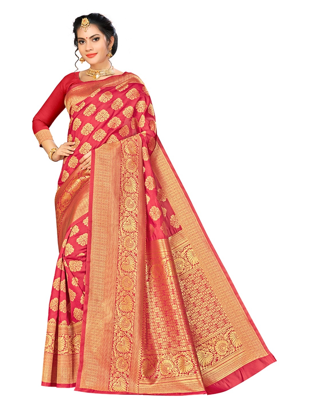 

MANVAA Woven Floral Woven Design Zari Banarasi Saree, Red