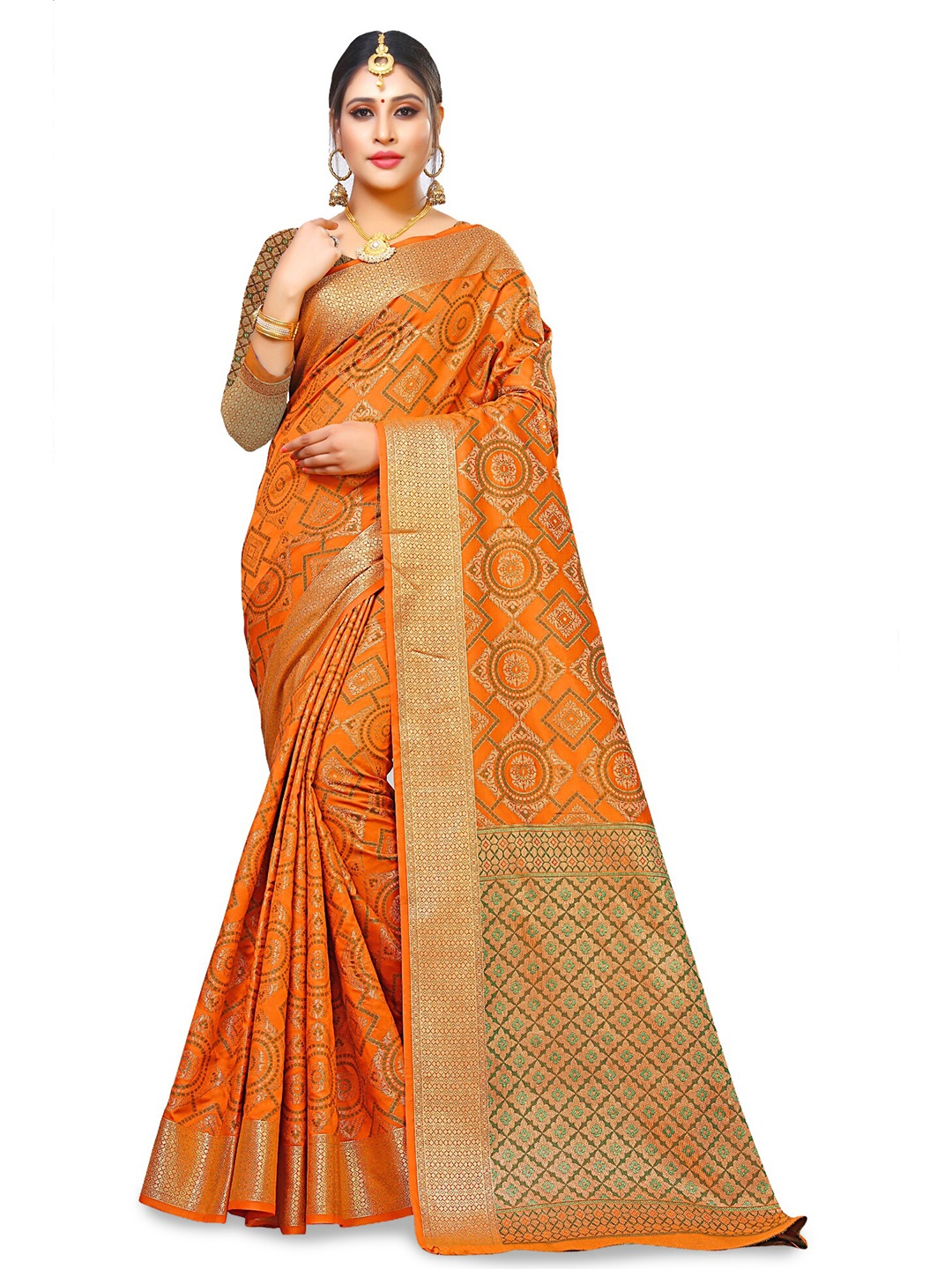 

MANVAA Geometric Woven Design Zari Banarasi Saree, Orange