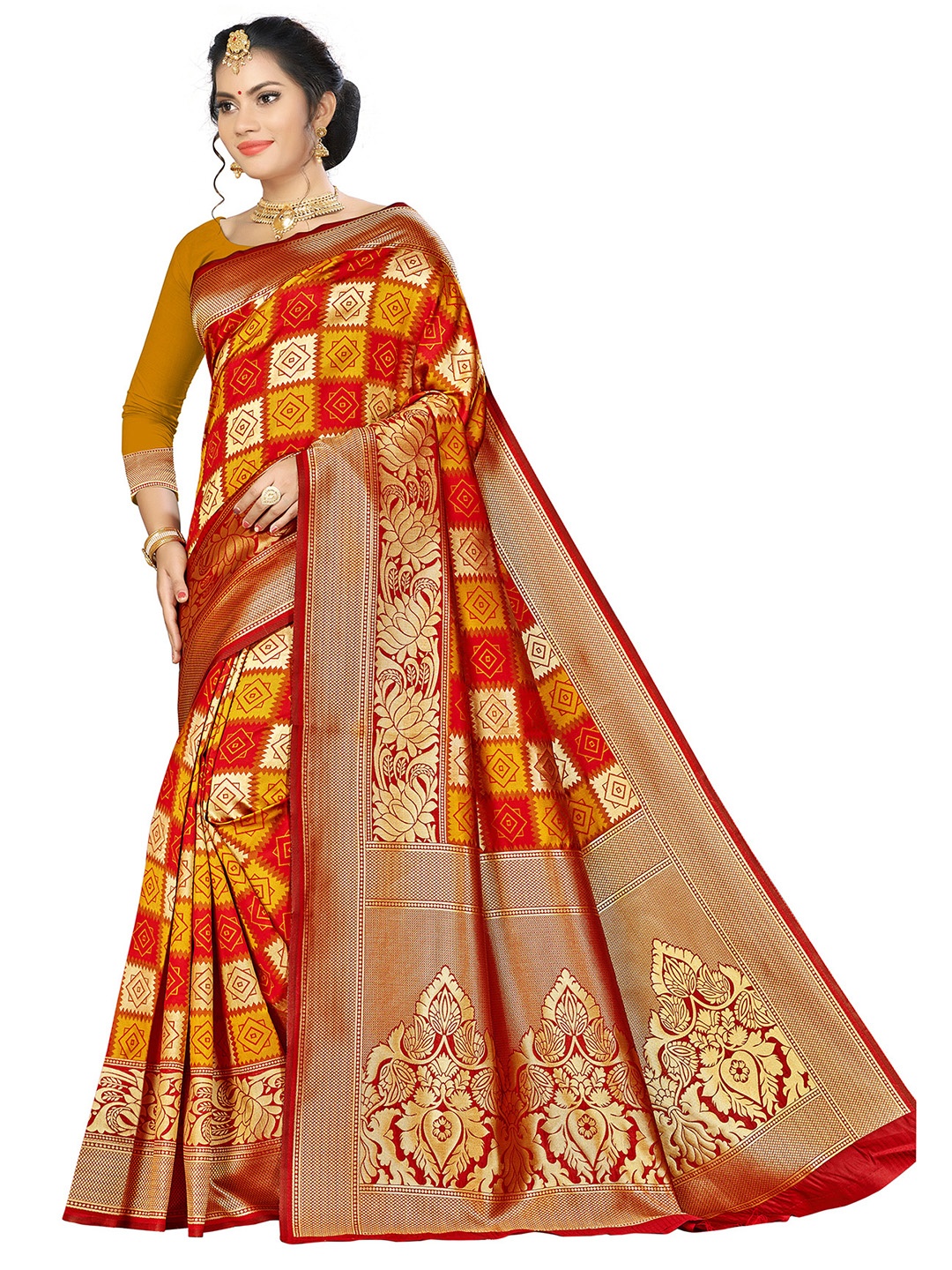 

MANVAA Geometric Woven Design Zari Banarasi Saree, Orange