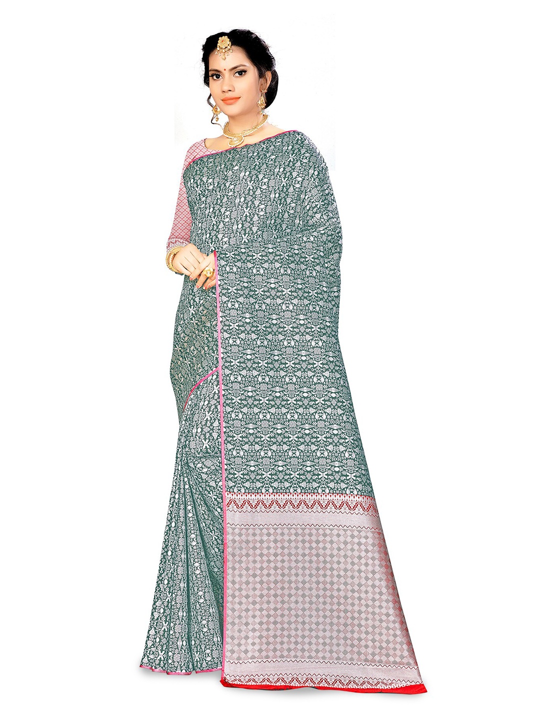 

MANVAA Abstract Woven Design Zari Banarasi Saree, Green