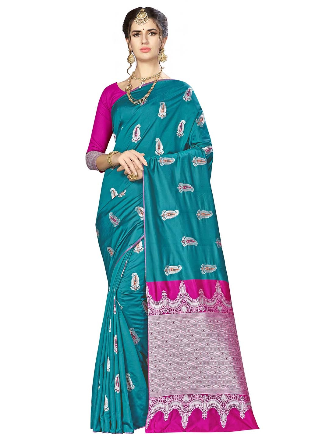 

MANVAA Paisley Woven Design Zari Banarasi Saree, Green