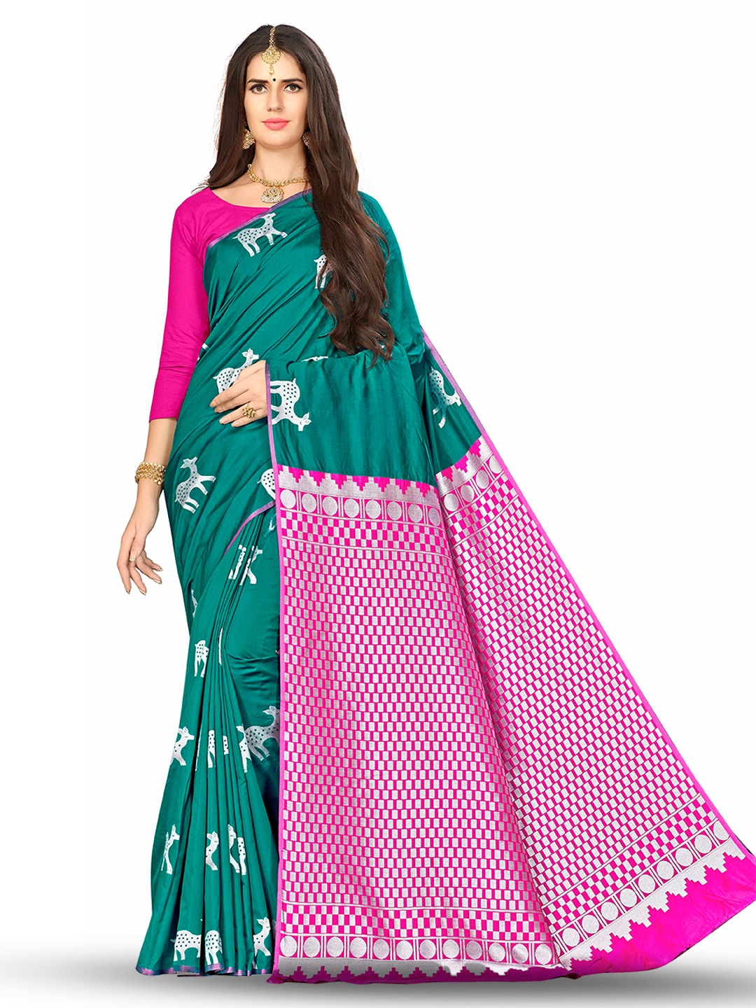

MANVAA Ethnic Motifs Woven Design Zari Banarasi Saree, Green