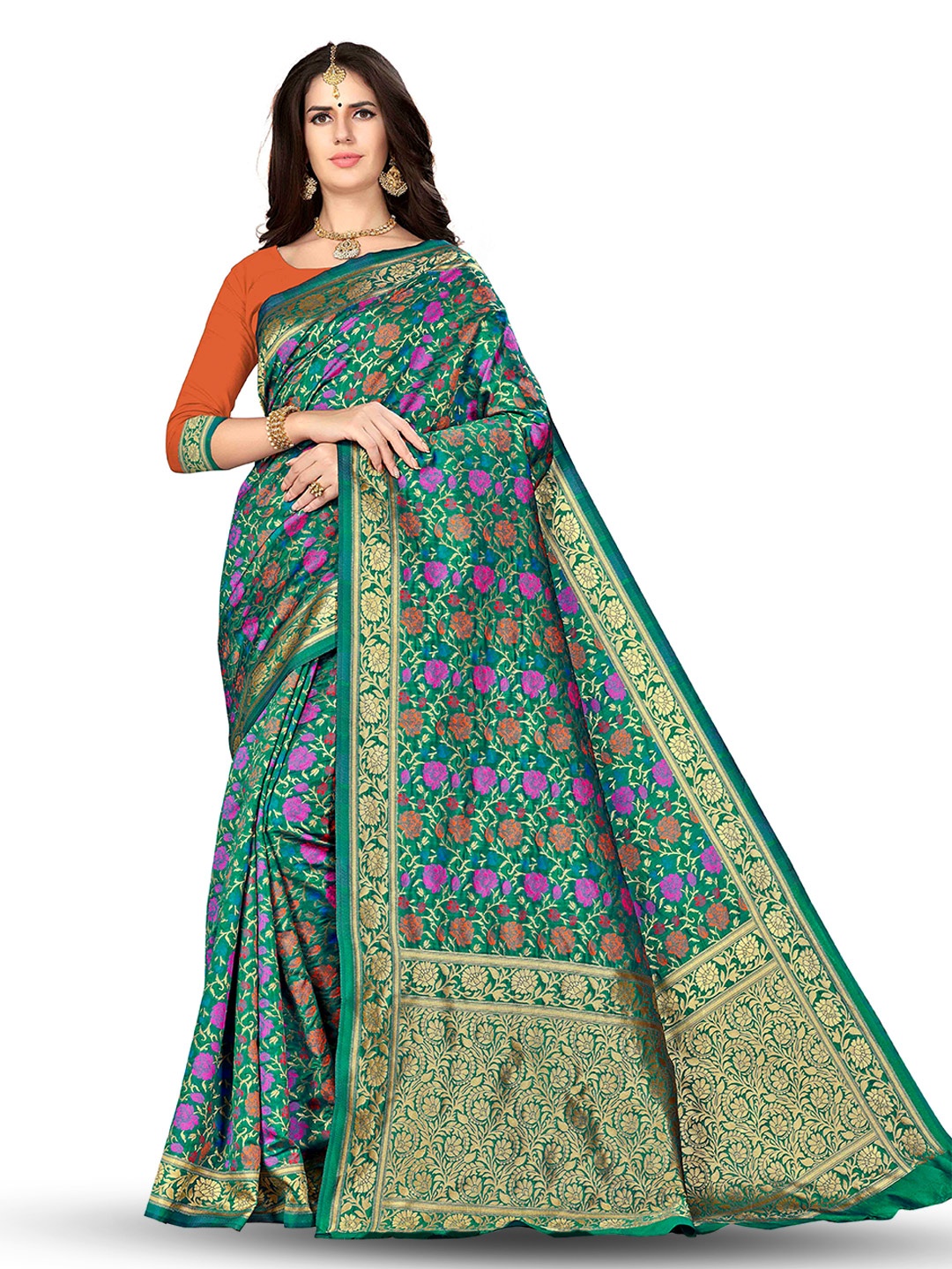 

MANVAA Floral Woven Design Zari Banarasi Saree, Green