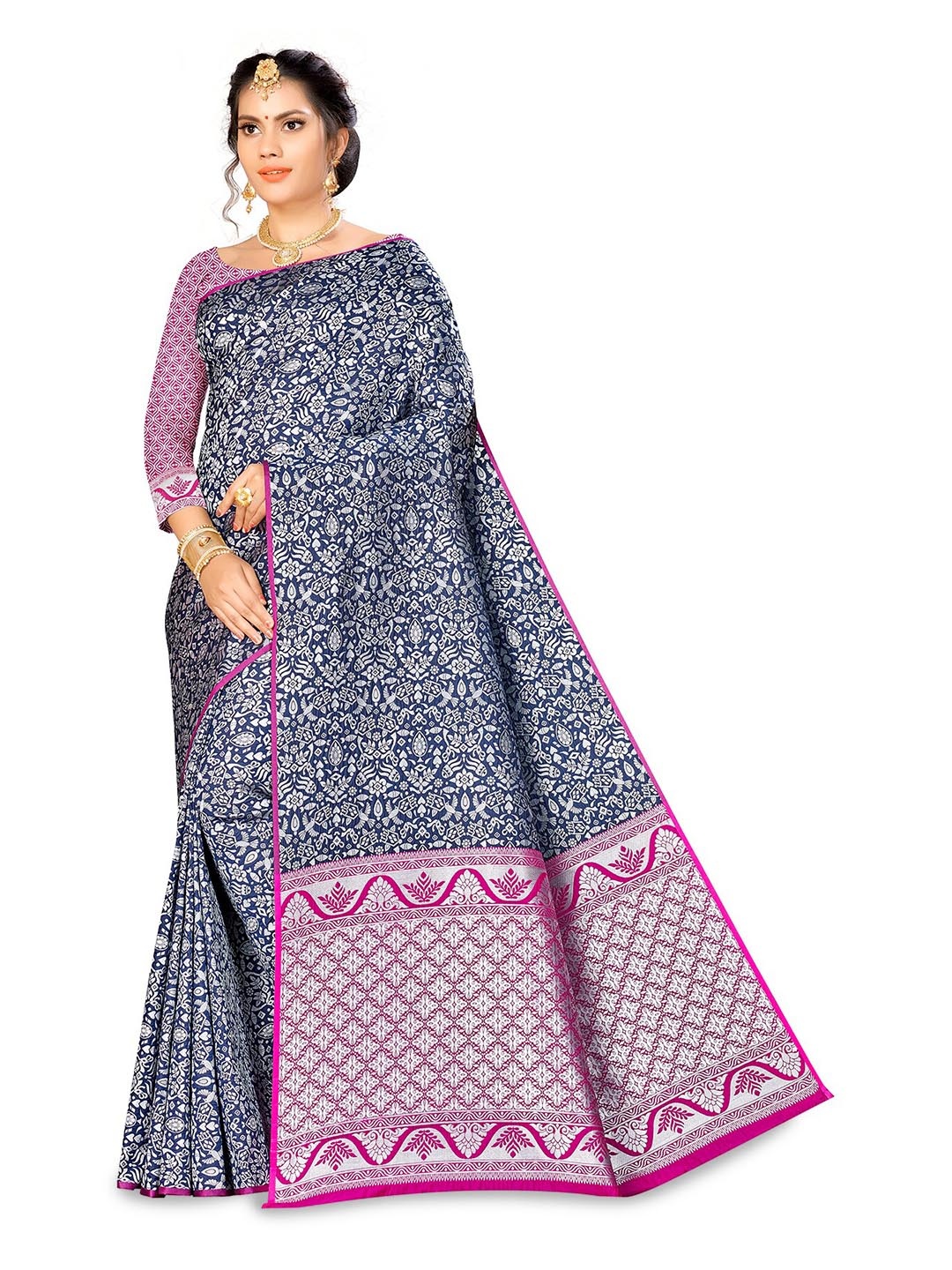 

MANVAA Floral Woven Design Zari Silk Banarasi Saree, Blue