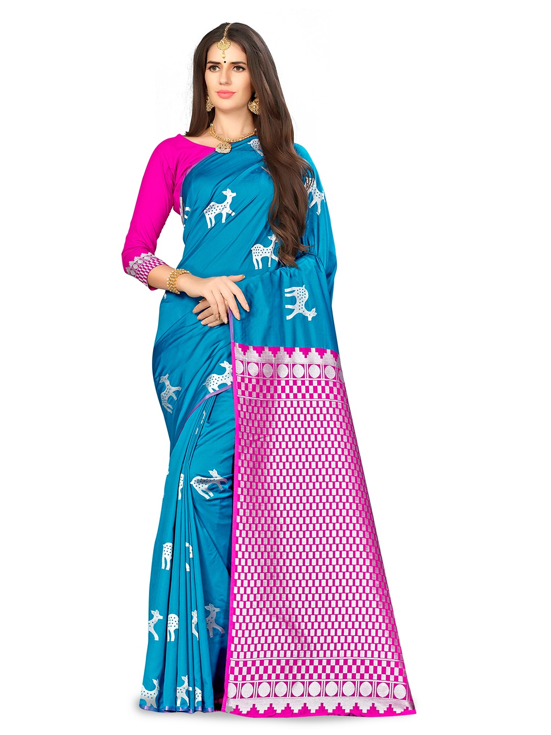 

MANVAA Ethnic Motifs Woven Design Zari Banarasi Saree, Blue