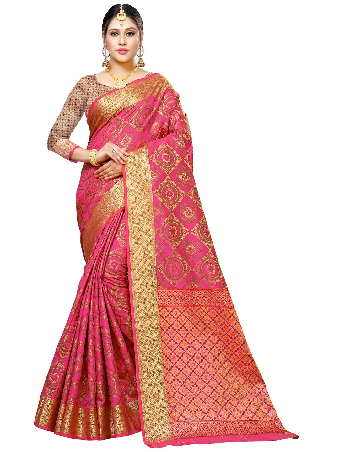 

MANVAA Ethnic Motifs Woven Design Zari Banarasi Saree, Pink
