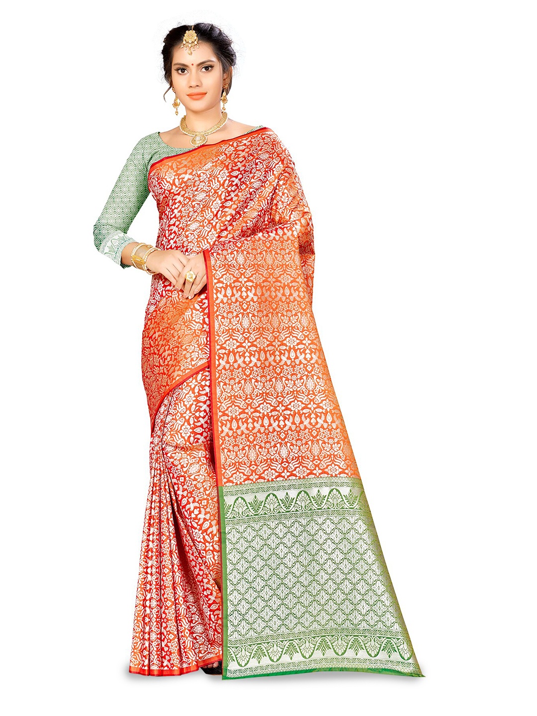 

MANVAA Abstract Woven Design Zari Banarasi Saree, Orange