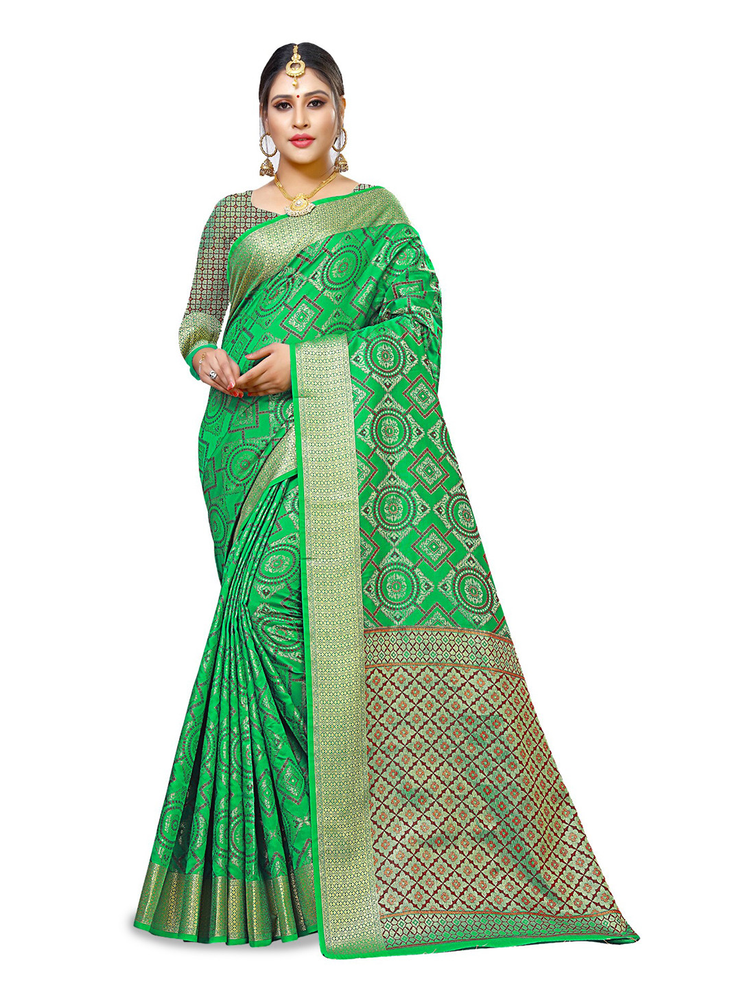 

MANVAA Geometric Woven Design Cotton Silk Zari Banarasi Saree, Green