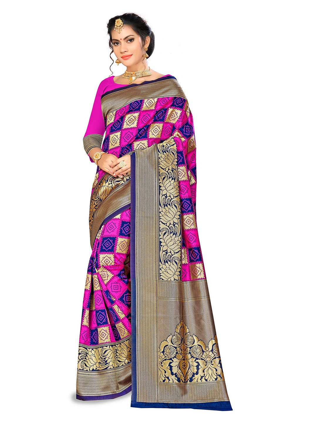 

MANVAA Geometric Woven Design Zari Banarasi Saree, Pink