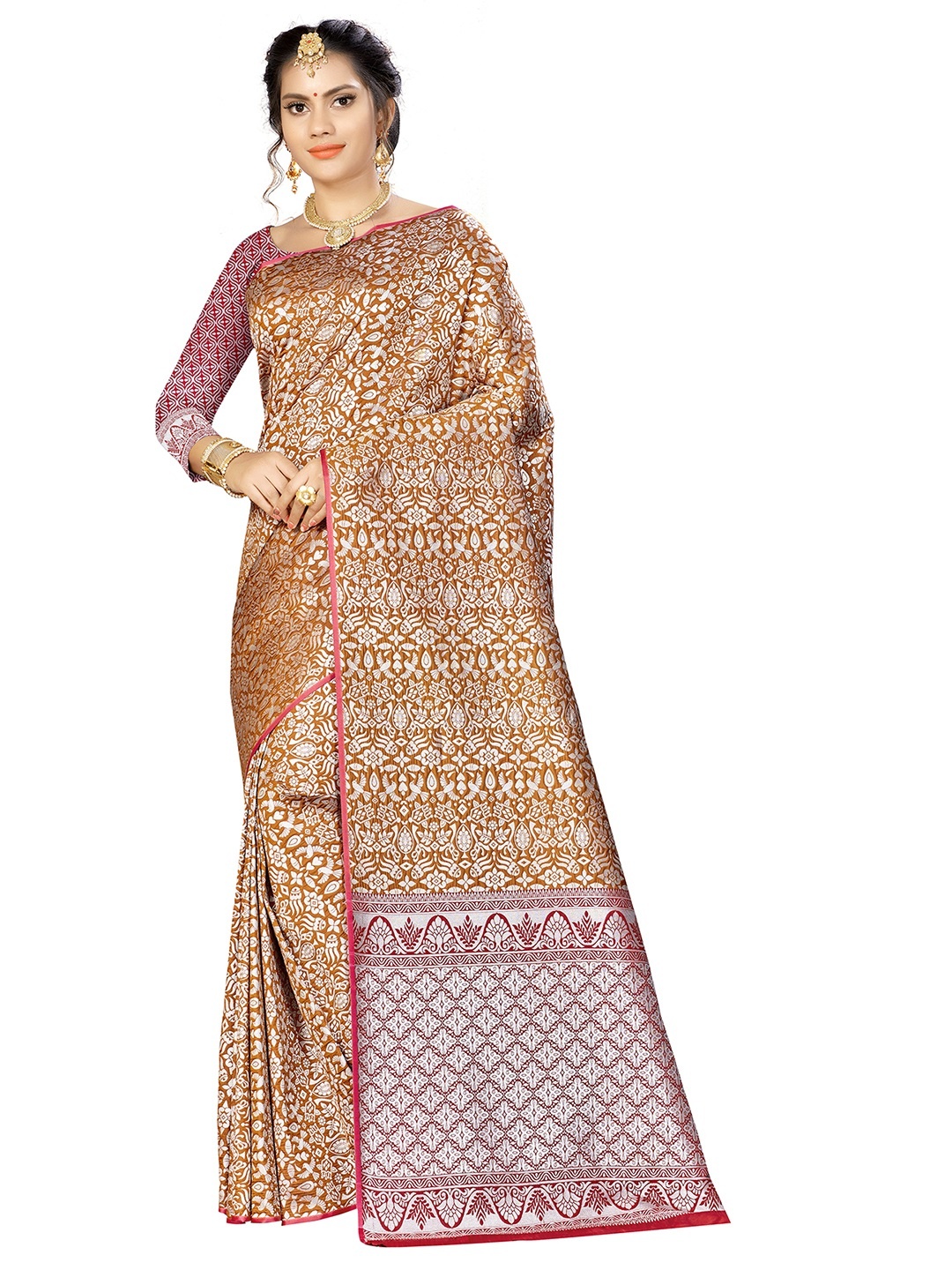 

MANVAA Floral Woven Design Zari Banarasi Saree, Mustard