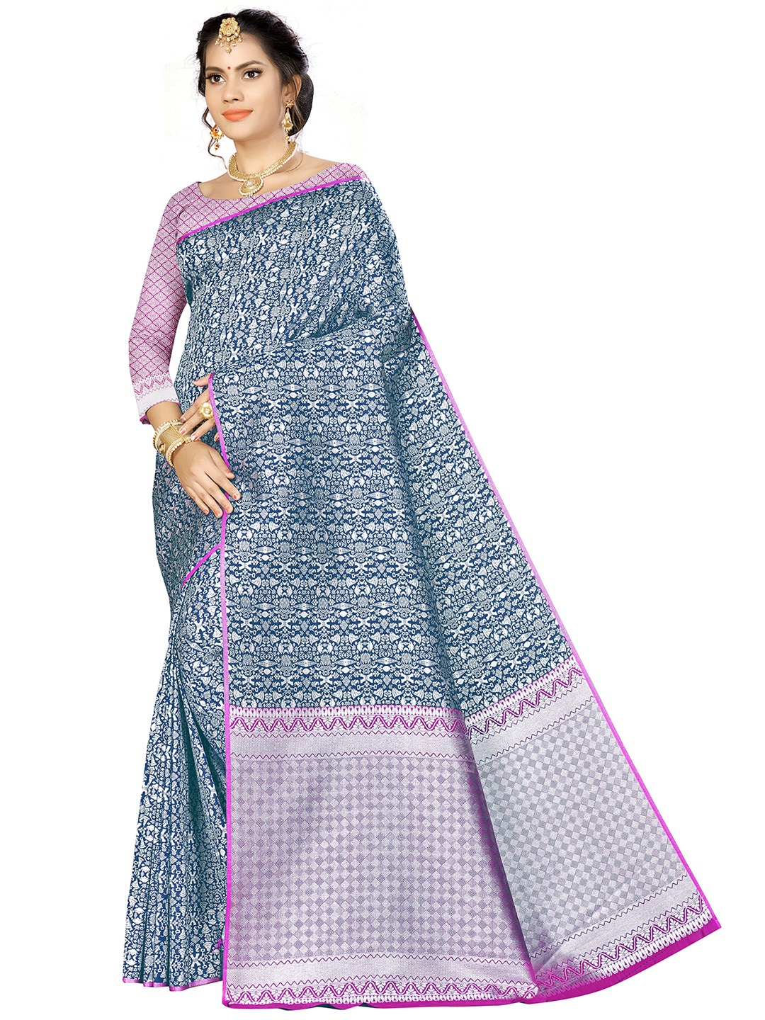 

MANVAA Ethnic Motifs Woven Design Silk Banarasi Saree, Blue