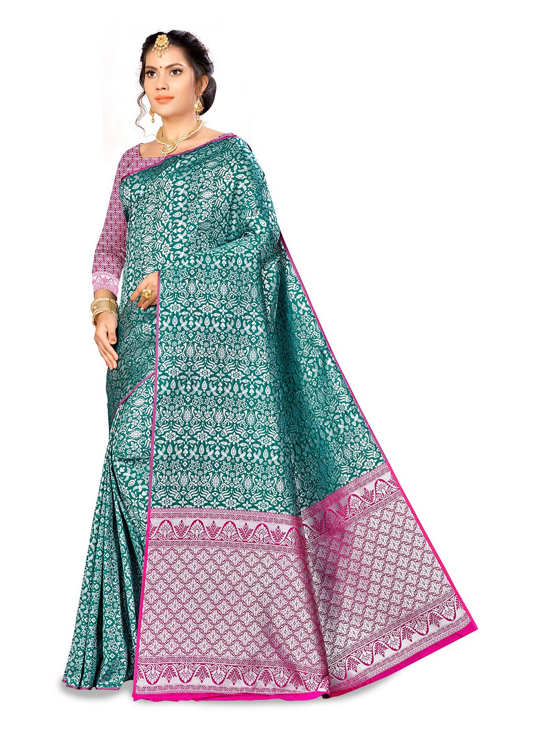 

MANVAA Floral Woven Design Zari Silk Banarasi Saree, Green