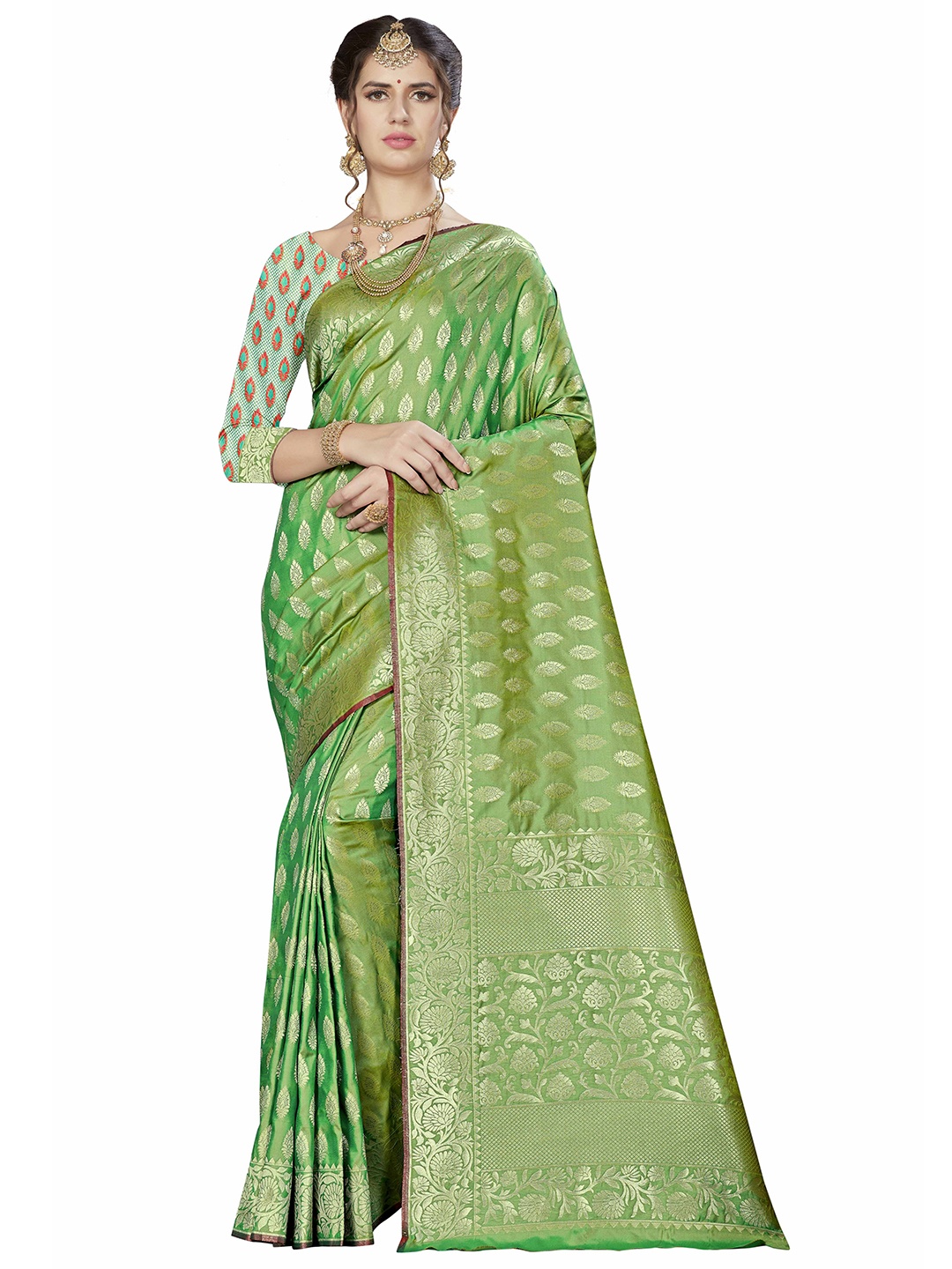 

MANVAA Floral Woven Design Zari Silk Banarasi Saree, Green