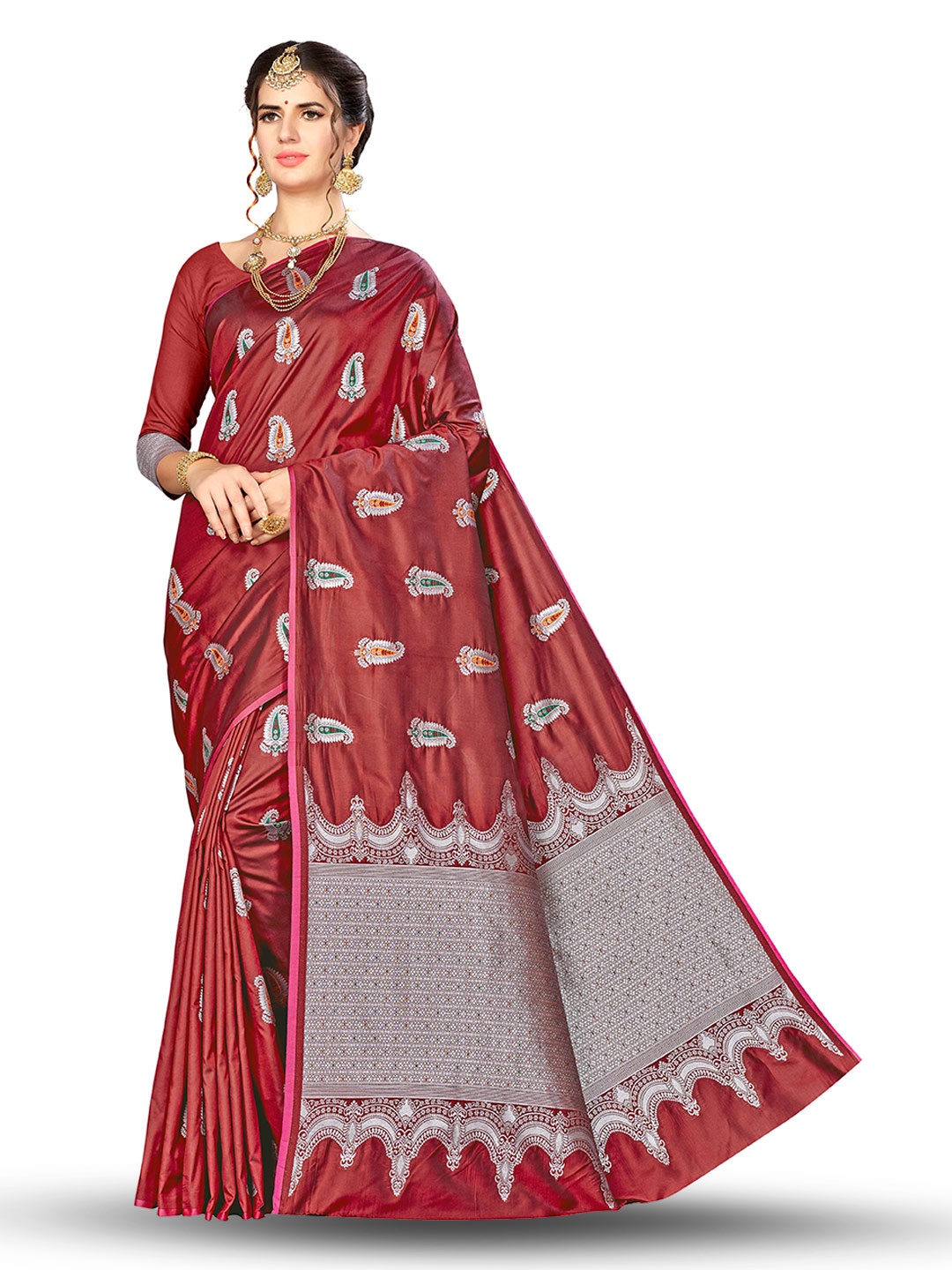 

MANVAA Floral Woven Design Zari Silk Banarasi Saree, Maroon
