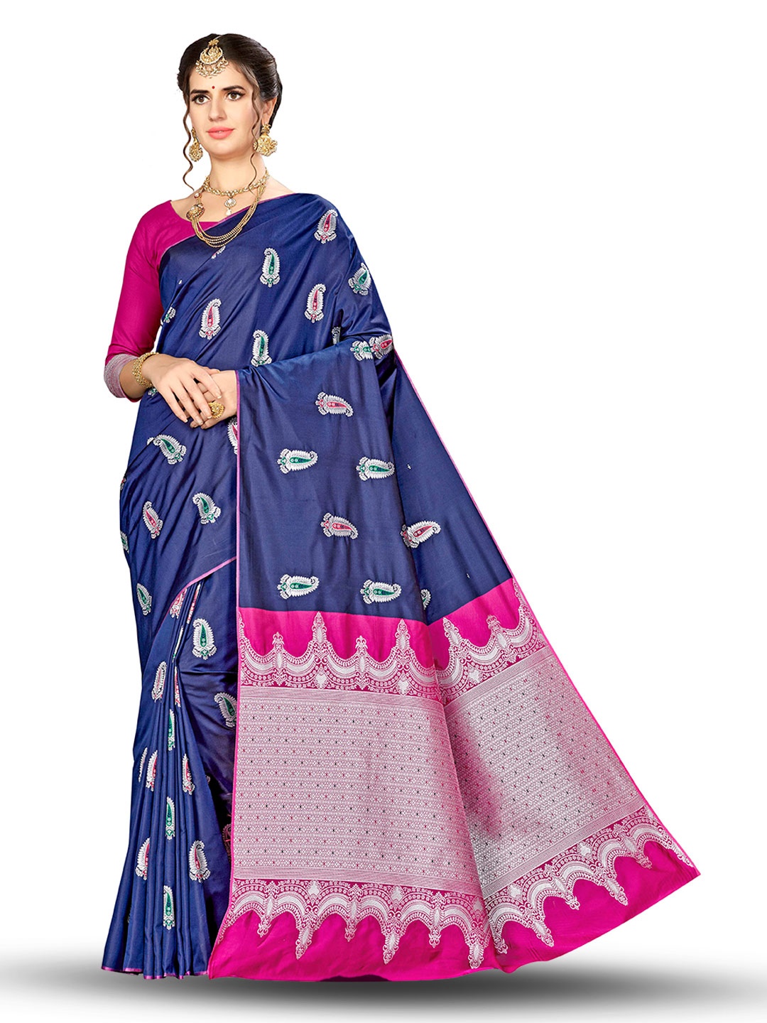 

MANVAA Ethnic Motifs Woven Design Zari Banarasi Saree, Navy blue