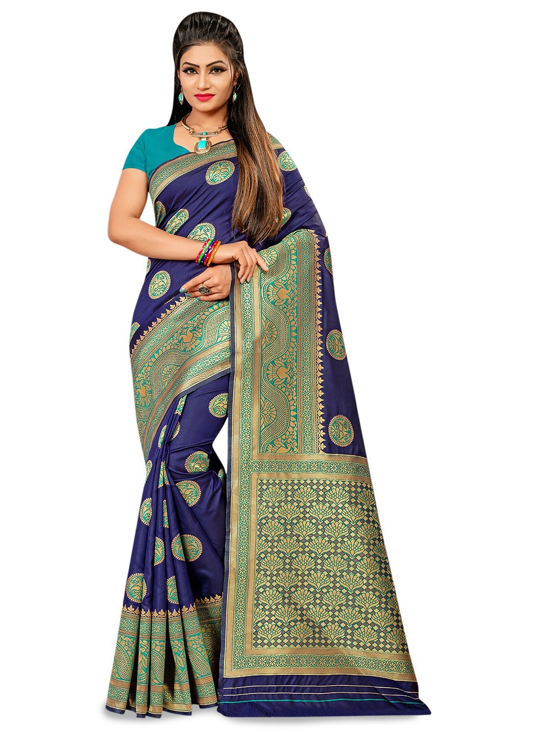

MANVAA Ethnic Motifs Woven Design Zari Banarasi Saree, Blue