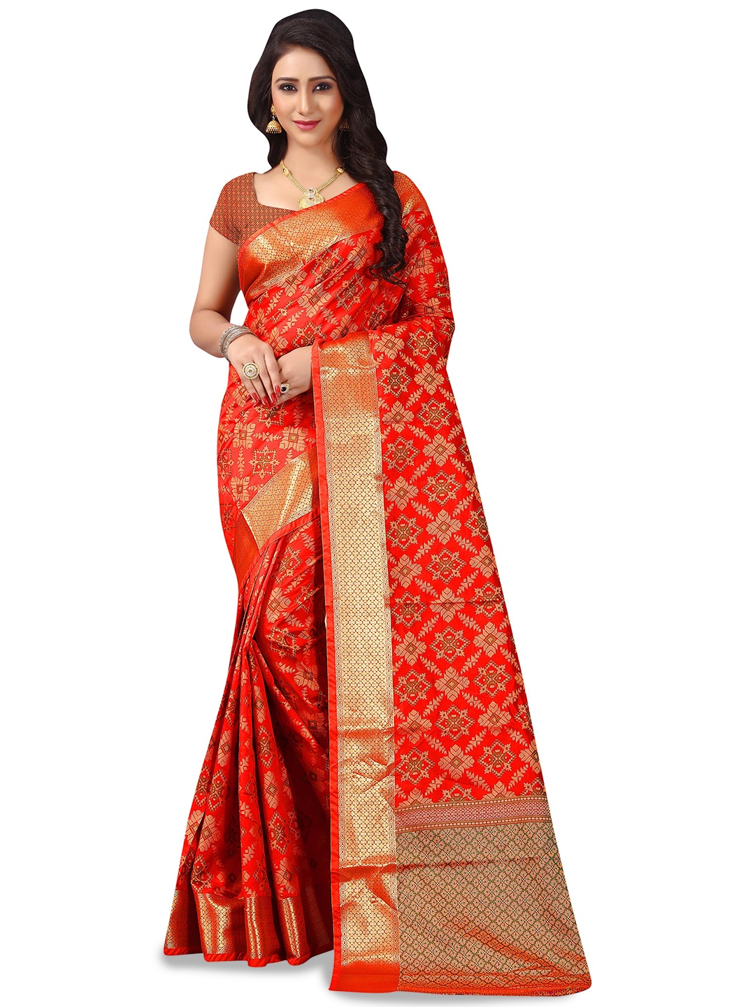 

MANVAA Geometric Woven Design Zari Kanjeevaram Saree, Red