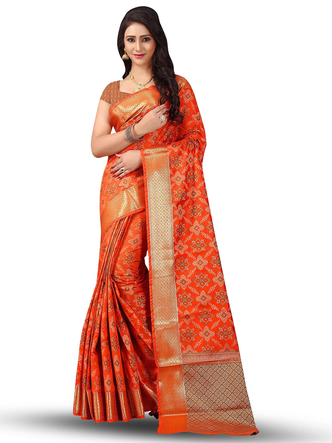 

MANVAA Geometric Woven Design Zari Silk Kanjeevaram Saree, Orange