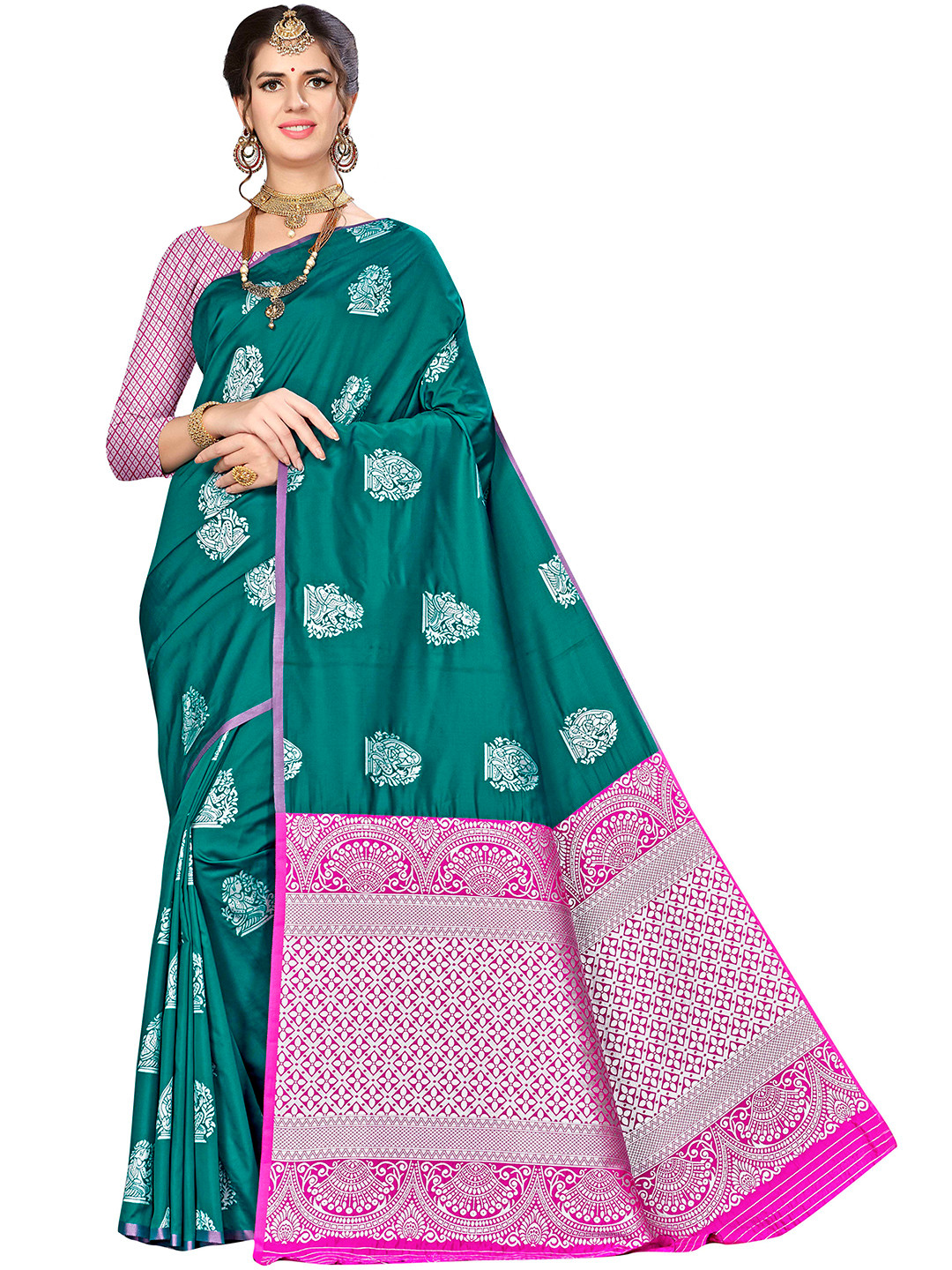 

MANVAA Floral Woven Design Zari Banarasi Saree, Green