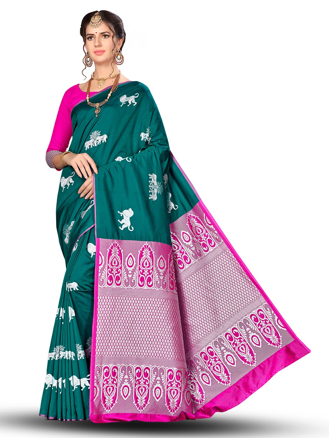 

MANVAA Floral Woven Design Zari Silk Banarasi Saree, Green
