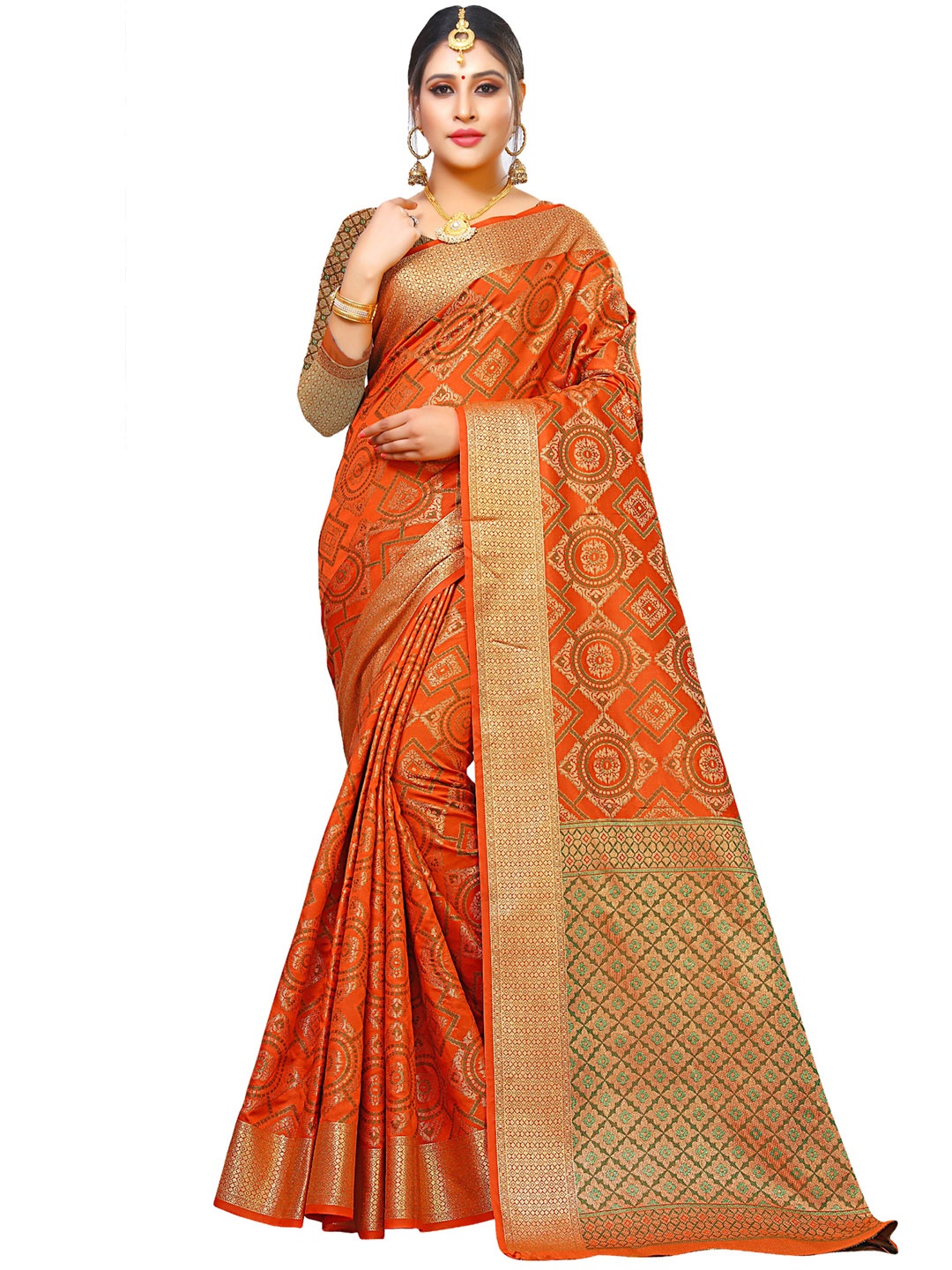 

MANVAA Geometric Woven Design Zari Banarasi Saree, Orange