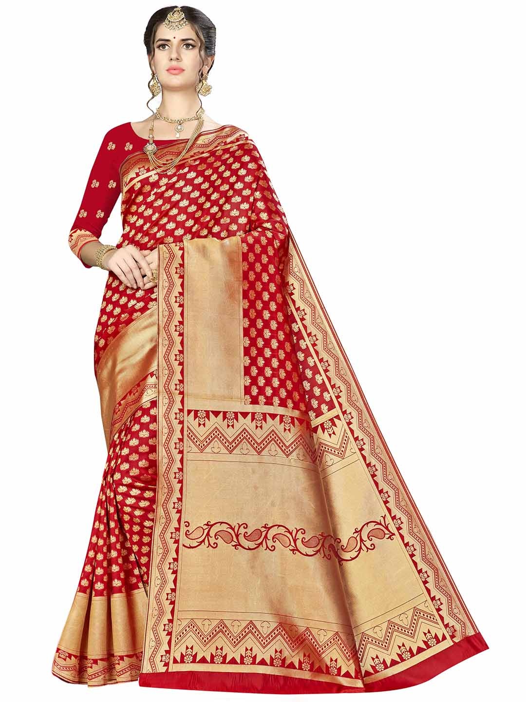 

MANVAA Floral Woven Design Zari Banarasi Saree, Red