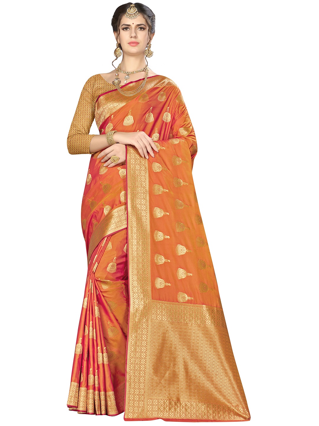 

MANVAA Ethnic Motifs Zari Banarasi Saree, Orange