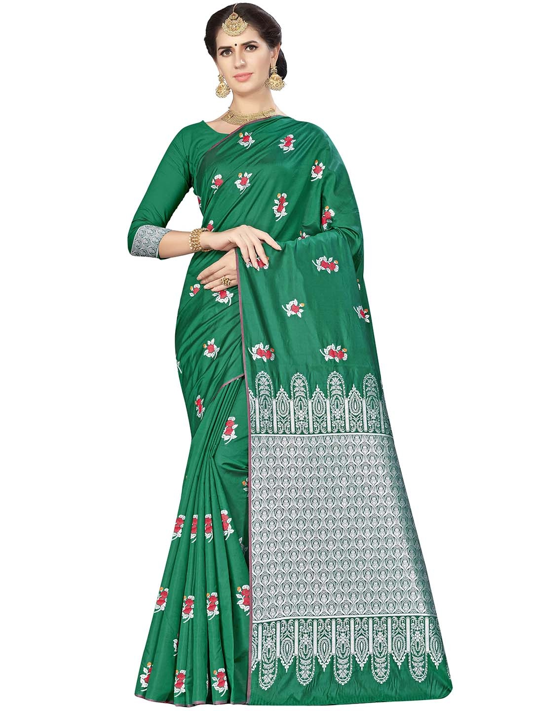 

MANVAA Floral Woven Design Zari Banarasi Saree, Green