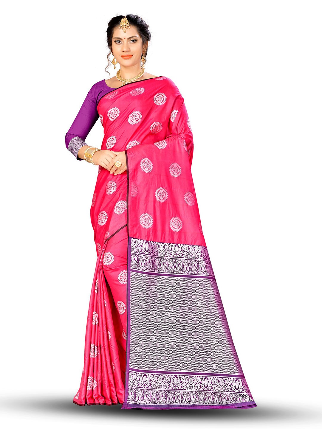 

MANVAA Ethnic Motifs Woven Design Zari Banarasi Saree, Pink