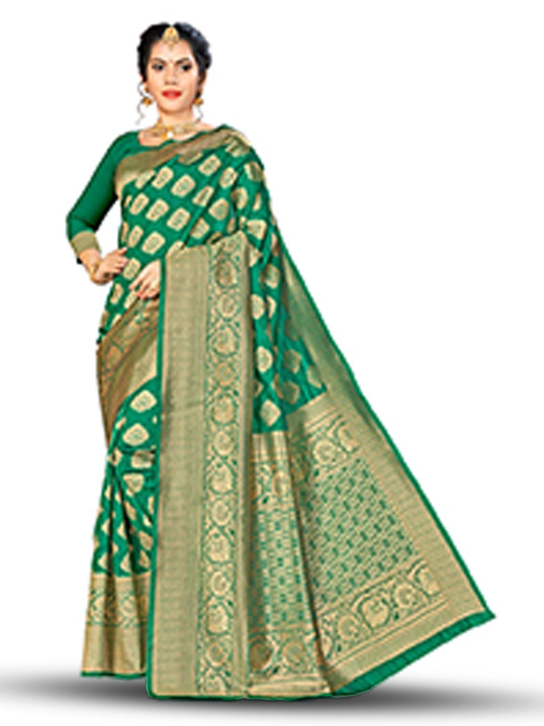 

MANVAA Ethnic Motifs Zari Silk Banarasi Saree, Green