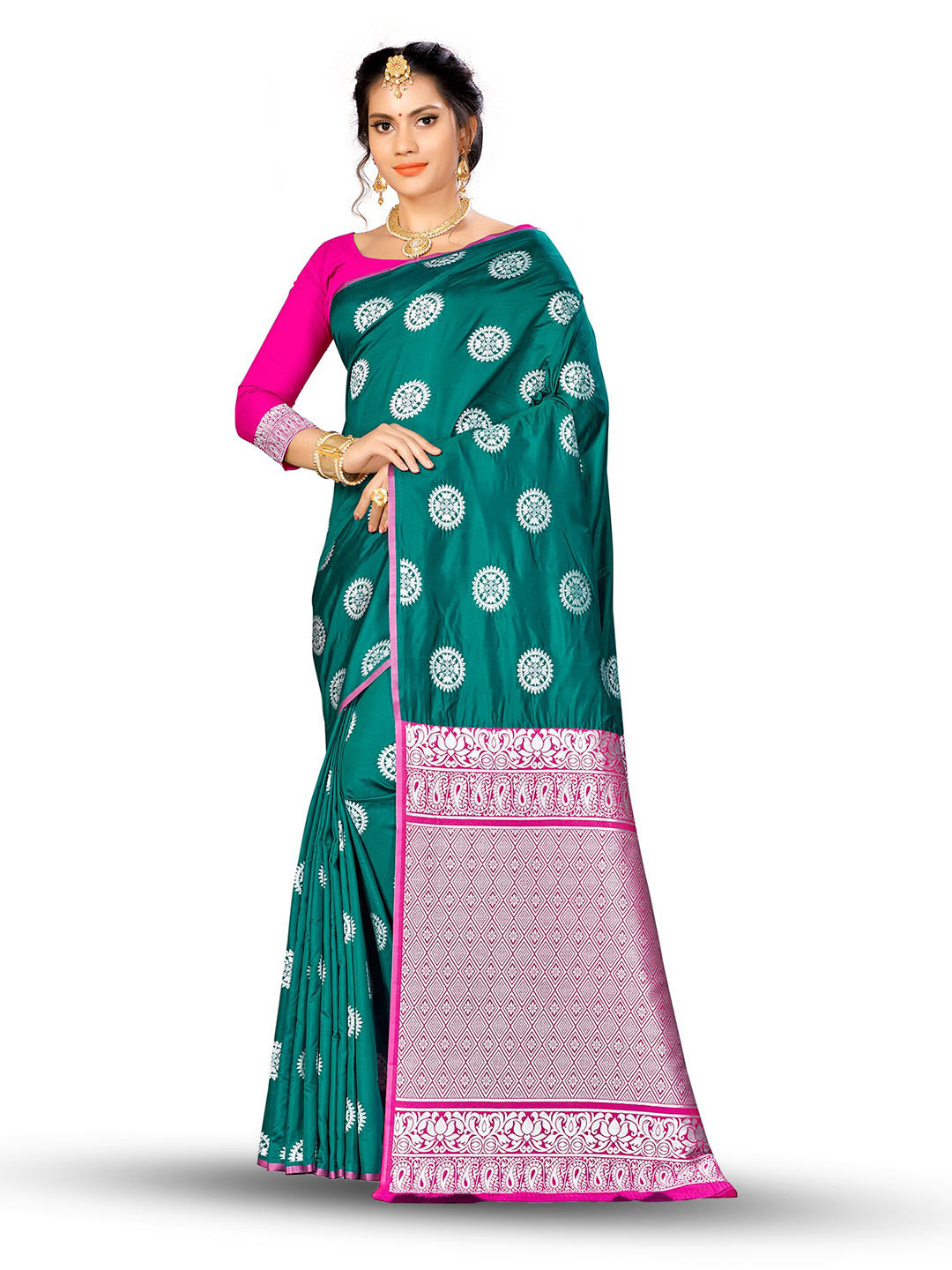 

MANVAA Ethnic Motif Woven Design Zari Silk Banarasi Saree, Green