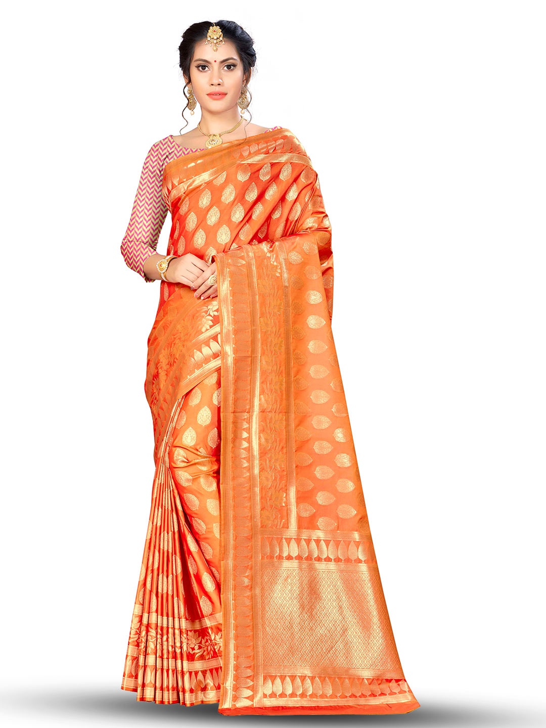 

MANVAA Ethnic Motif Woven Design Zari Silk Banarasi Saree, Orange