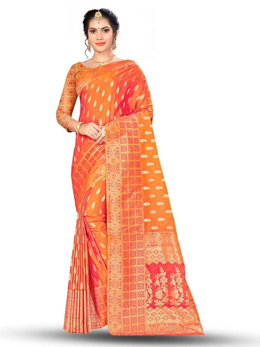 

MANVAA Ethnic Motifs Woven Design Zari Banarasi Saree, Orange