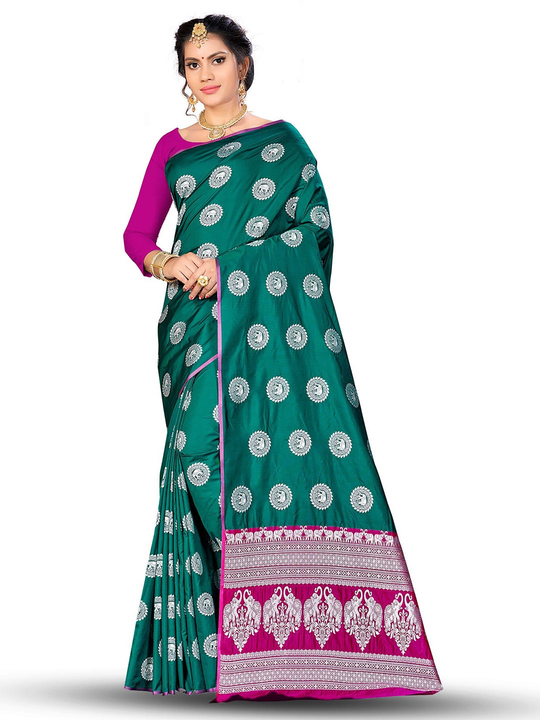 

MANVAA Ethnic Motifs Woven Design Zari Banarasi Saree, Green