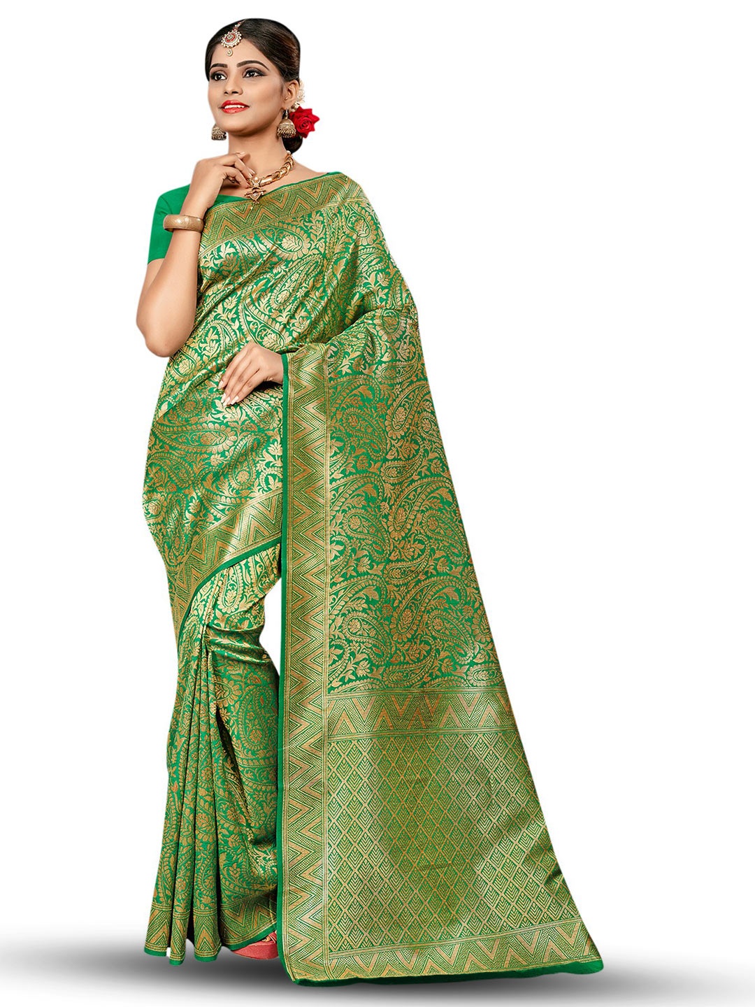 

MANVAA Floral Woven Design Zari Banarasi Saree, Green