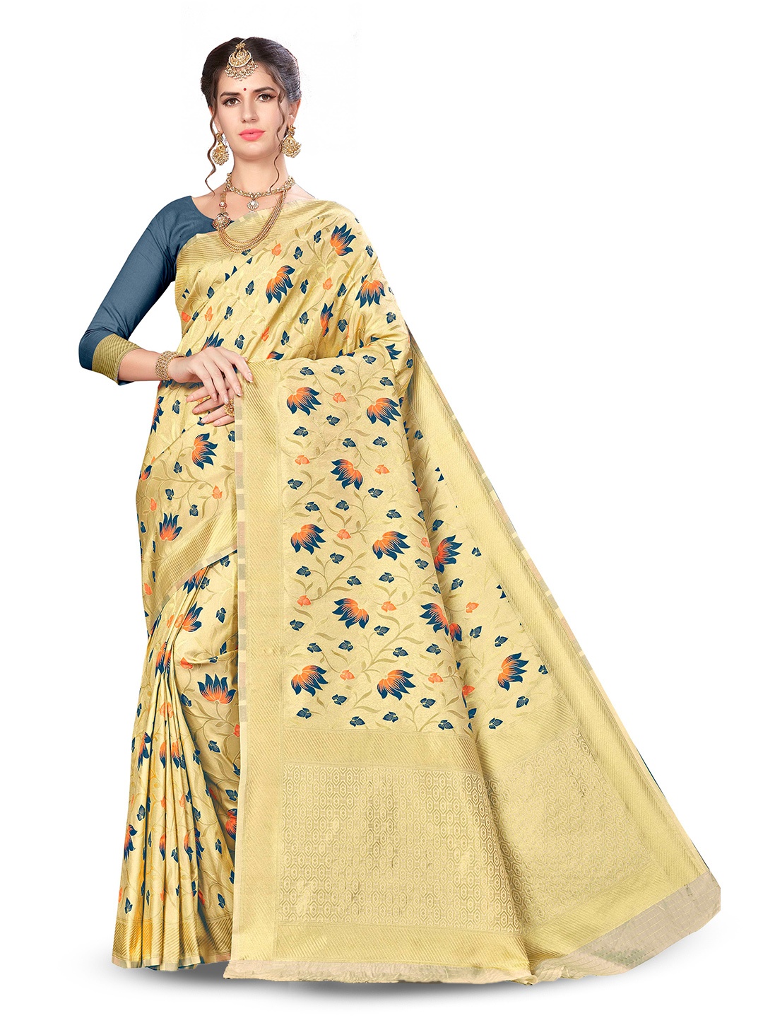 

MANVAA Floral Woven Design Zari Banarasi Saree, Beige