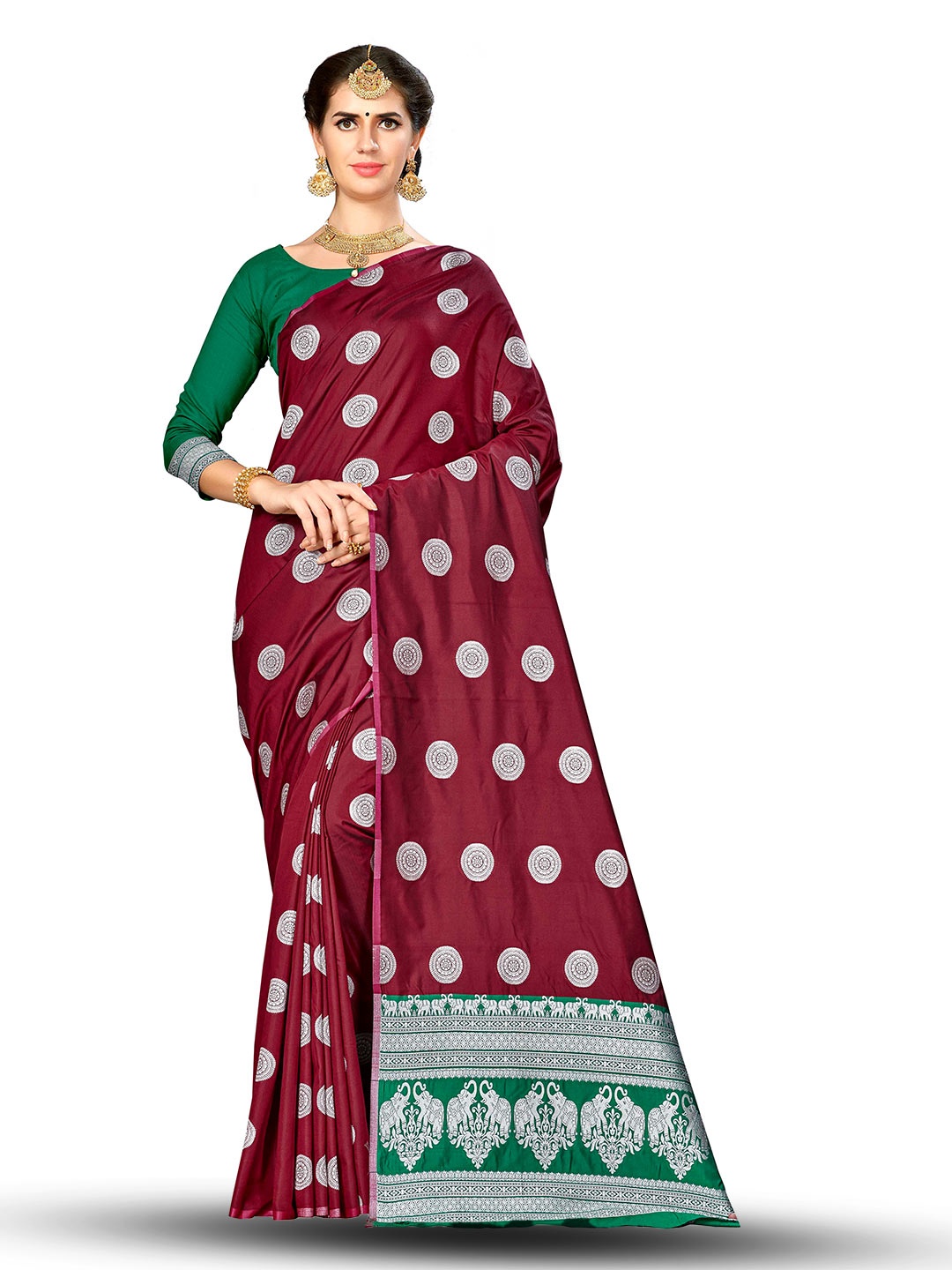 

MANVAA Geometric Woven Design Zari Banarasi Saree, Maroon