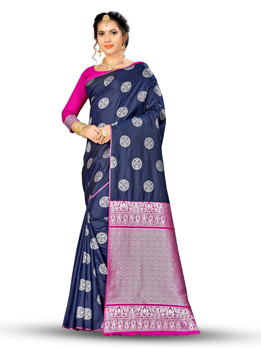 

MANVAA Ethnic Motifs Woven Design Zari Banarasi Saree, Navy blue