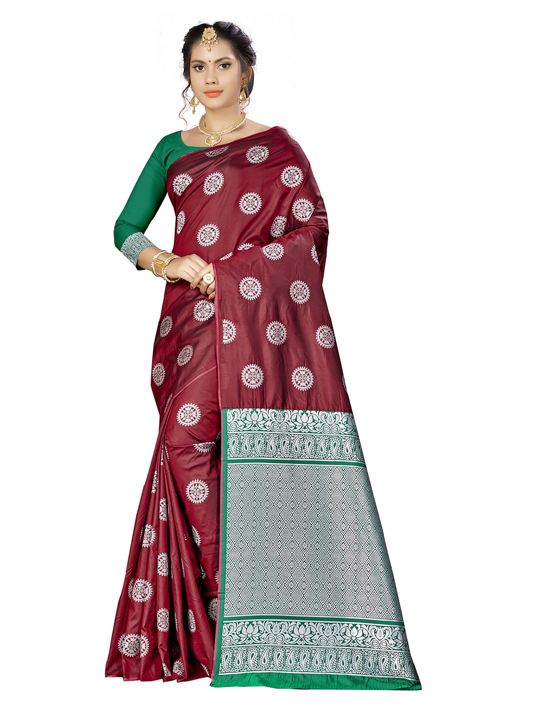 

MANVAA Ethnic Motifs Woven Design Zari Banarasi Saree, Maroon