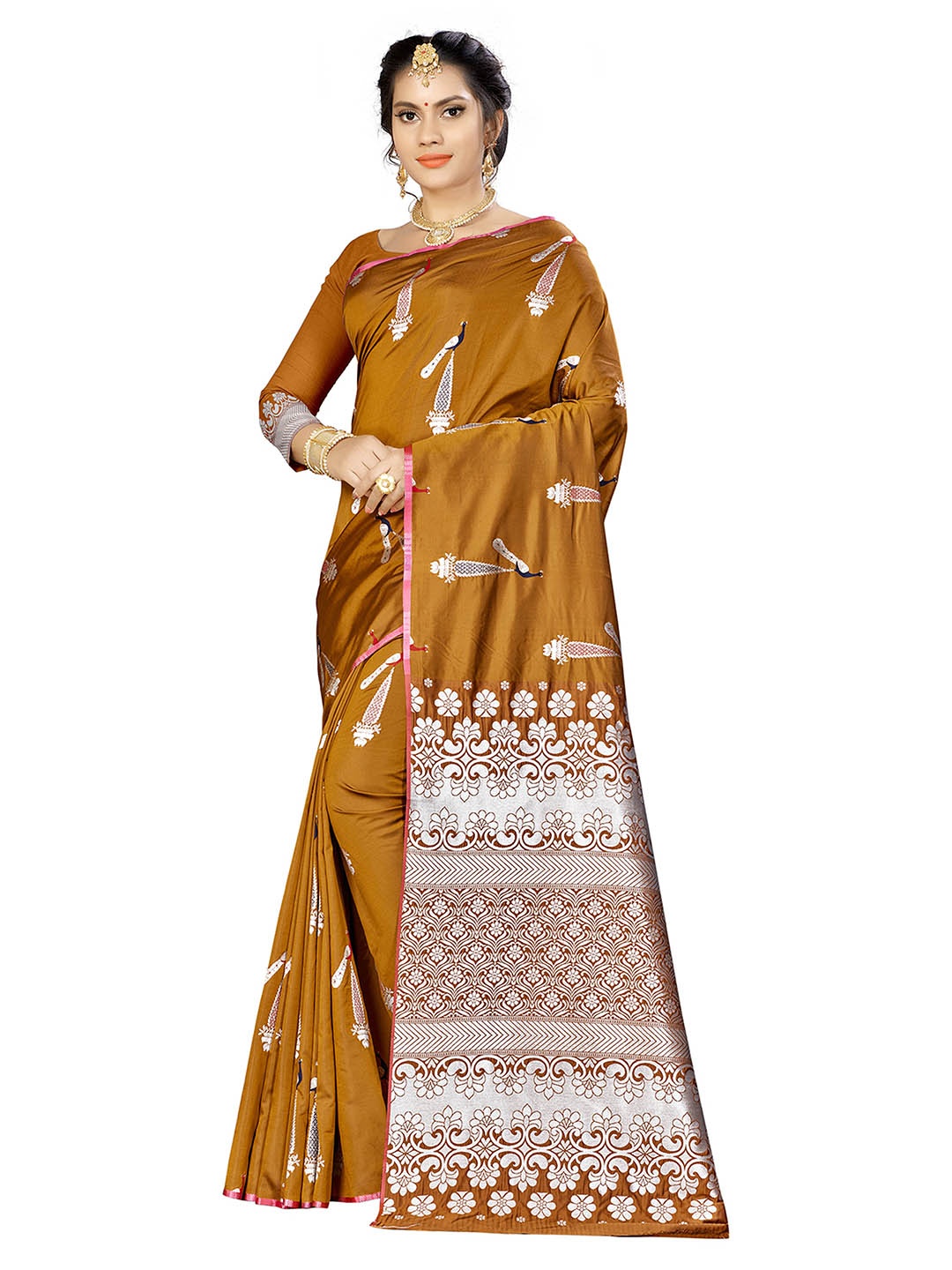 

MANVAA Ethnic Motifs Woven Design Zari Banarasi Saree, Brown