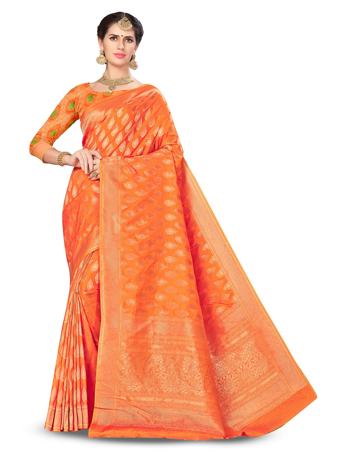 

MANVAA Ethnic Motifs Woven Design Zari Silk Banarasi Saree, Orange