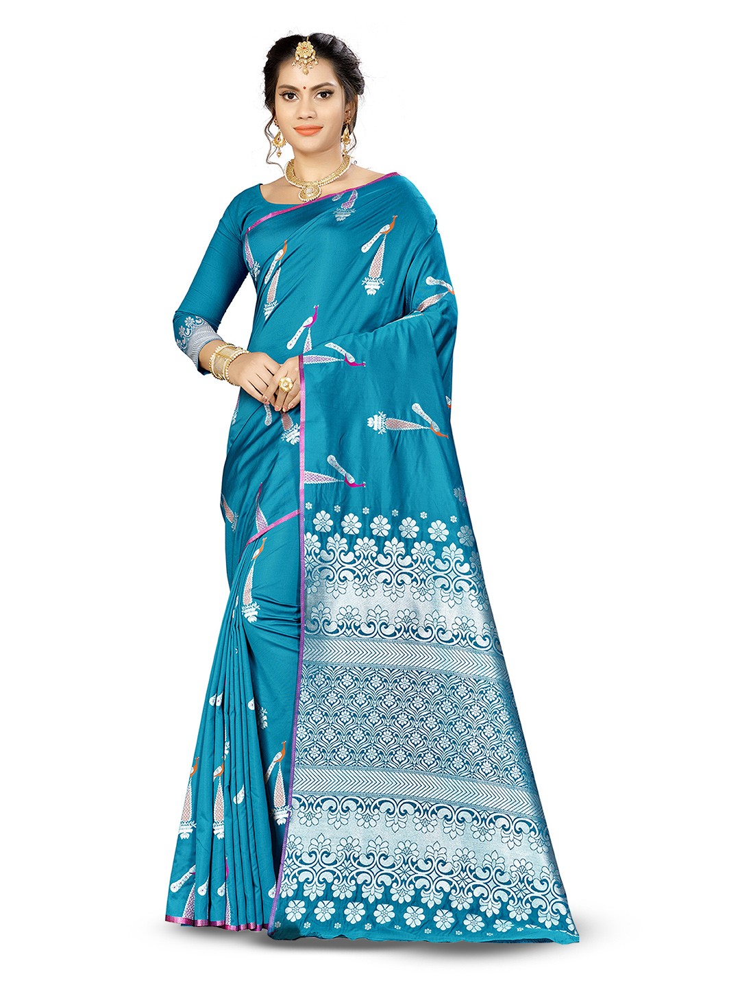 

MANVAA Floral Woven Design Zari Silk Banarasi Saree, Blue